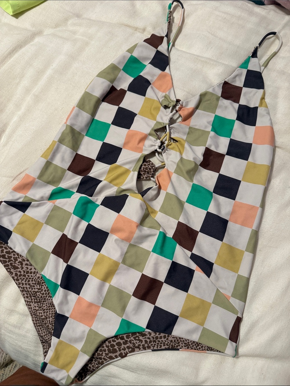 ACACIA 2XL Checkerboard One-Piece Swimsuit in Green, Peach, Olive, Navy
